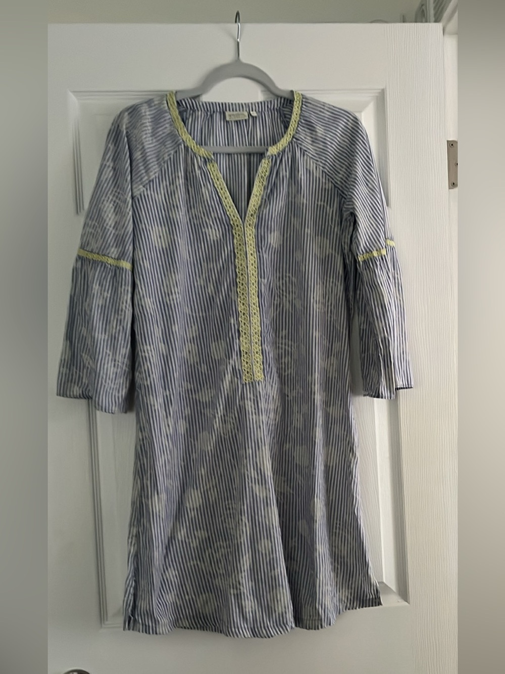 Spartina 449 Blue and White Linen Wren Tunic Dress with Yellow Embroidered Trim